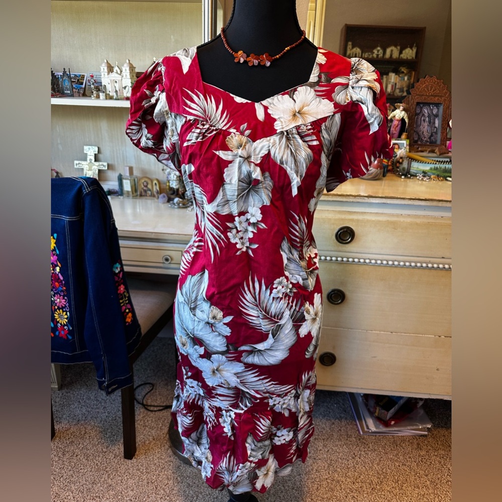Midi Red Hawaiian Aloha Floral Dress